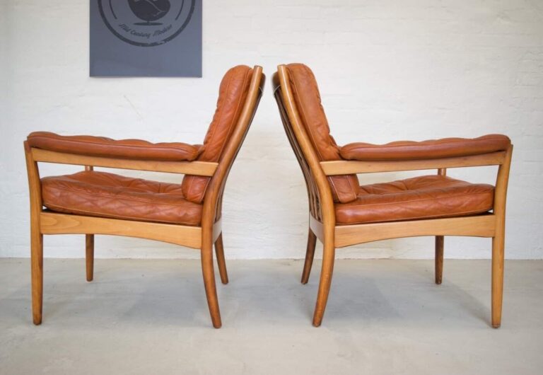 Vintage Swedish Mid Century Cognac Leather Lounge Chairs By Gote Mobler