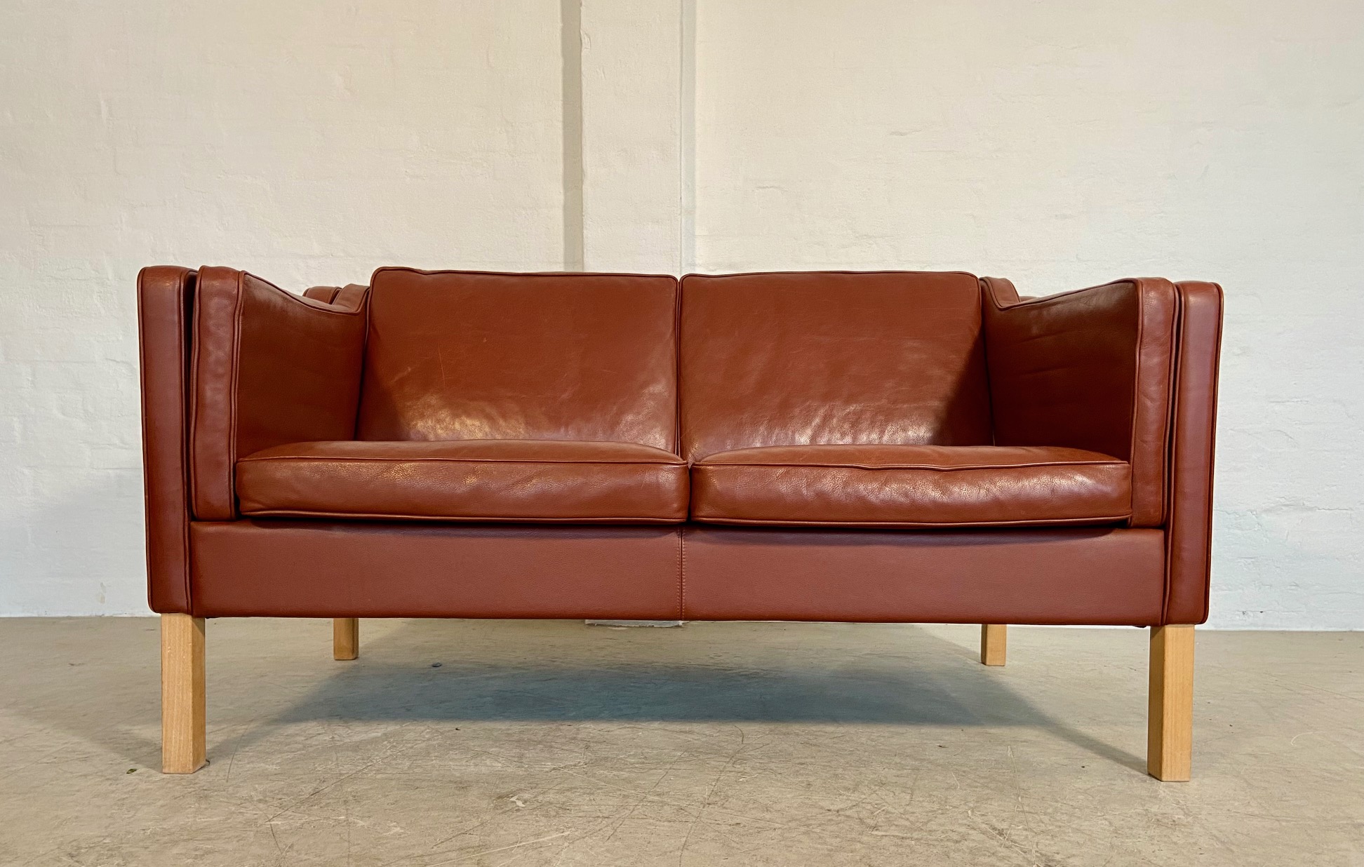 Vintage Danish Mid Century Mogans Hansen 2 Person  Cognac Leather Sofa