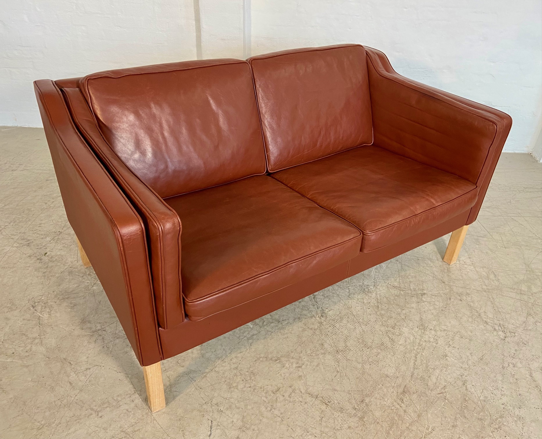 Vintage Danish Mid Century Mogans Hansen 2 Person  Cognac Leather Sofa