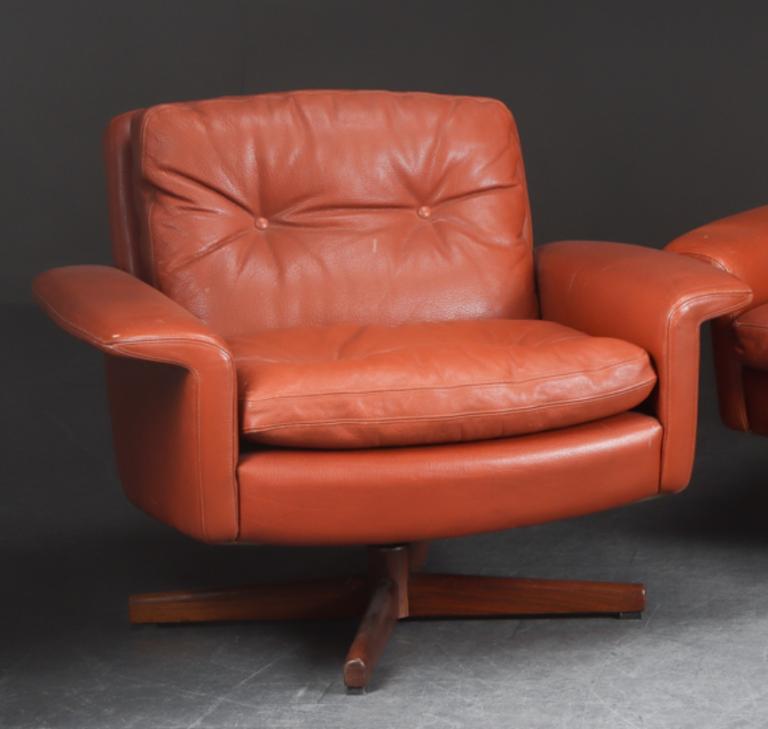 Vintage Danish Mid Century Cognac Leather And Rosewood Lounge Chair 1970's
