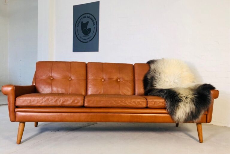 Vintage Danish Mid Century Svend Skipper 3 Person Sofa In Cognac Leather 1960