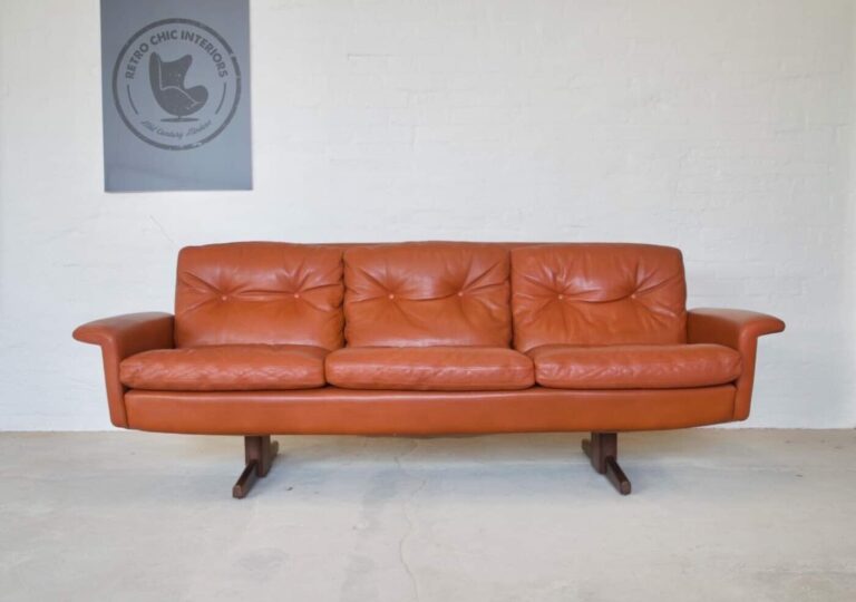 Vintage Danish Mid Century 3 Person Leather & Rosewood Sofa 1970's