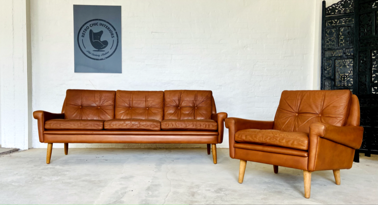 Vintage Danish Mid Century Skipper Sofa Set In Cognac Leather 1960's