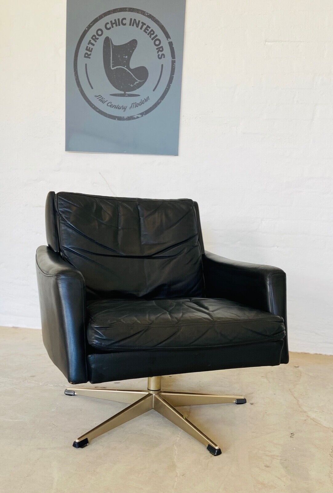 Vintage Danish Mid Century Black Leather Swivel Chair 1970's