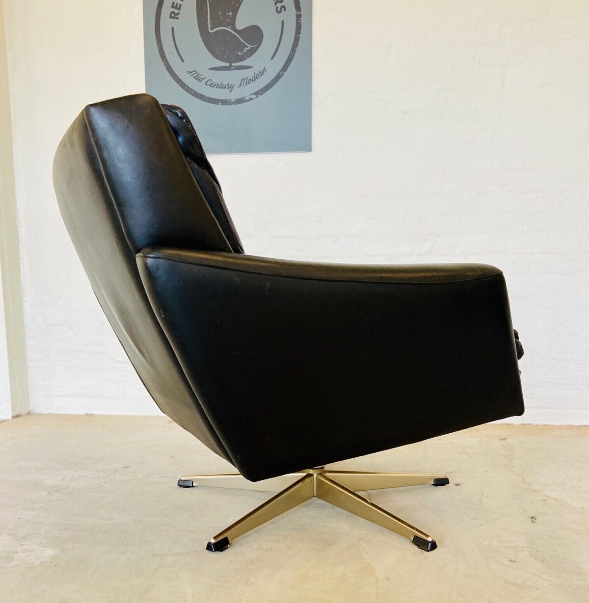 Vintage Danish Mid Century Black Leather Swivel Chair 1970's