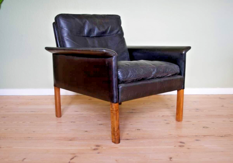 Vintage Danish Mid Century Hans Olsen Black Leather Lounge Chair 1960's