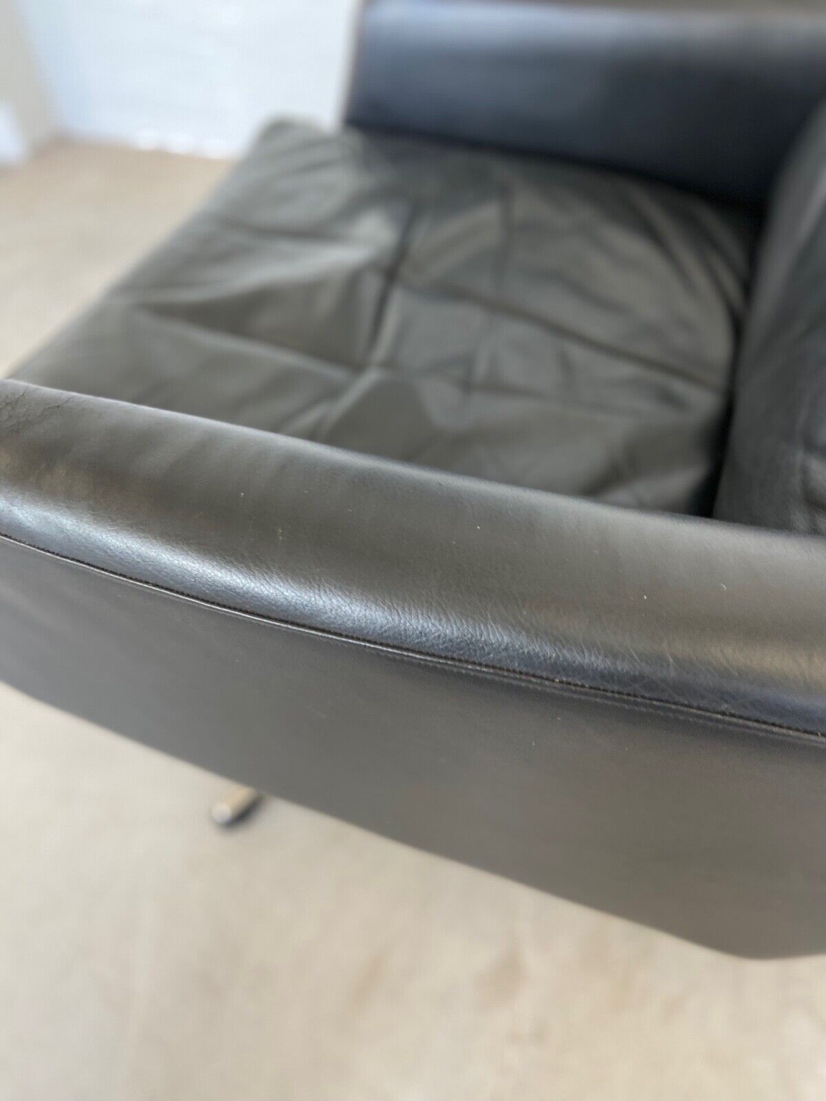 Vintage Danish Mid Century Black Leather Swivel Chair 1970's