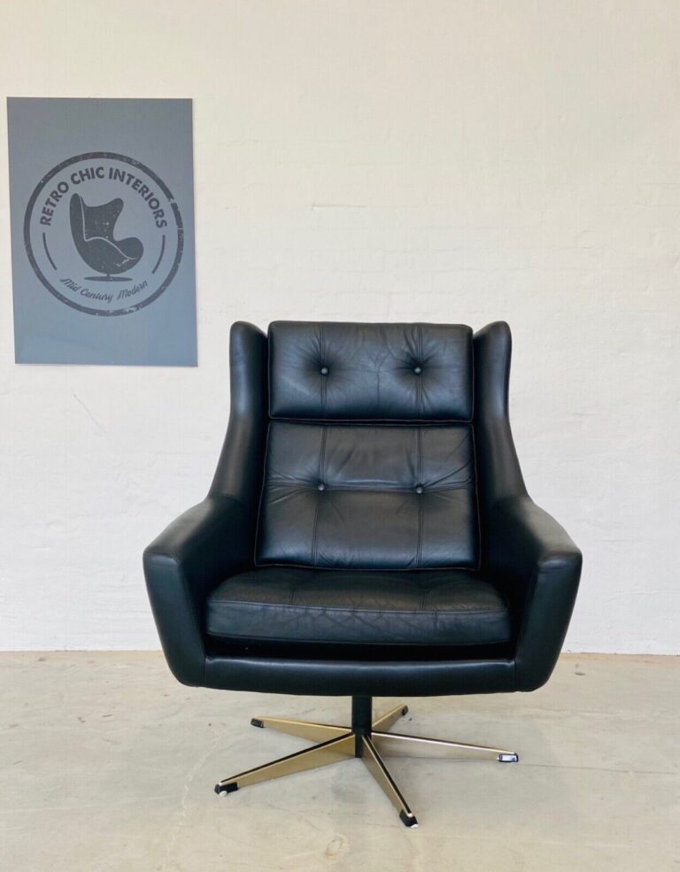 image Vintage Danish Mid Century Black Leather Swivel Chair 1970's