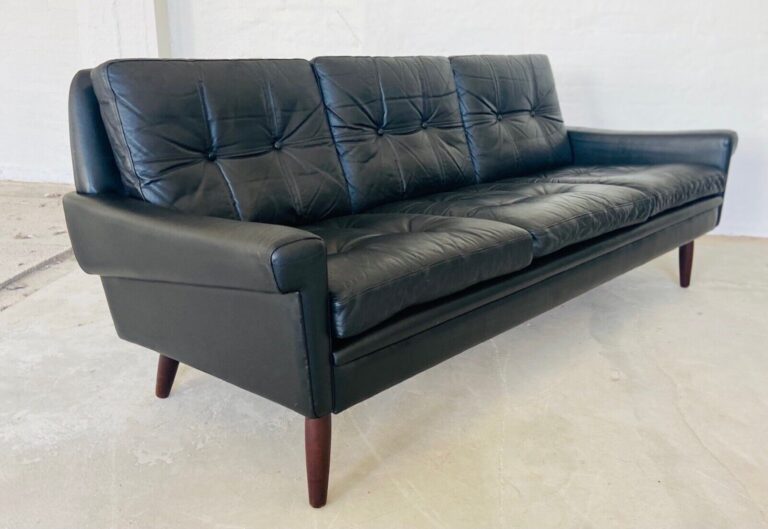 1970's Vintage Danish Mid Century Svend Skipper 3 Person Sofa In Black Leather