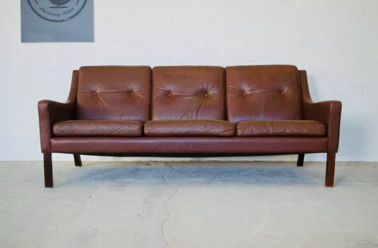 1970's Vintage Danish Mid Century Brown Leather 3 Person Sofa