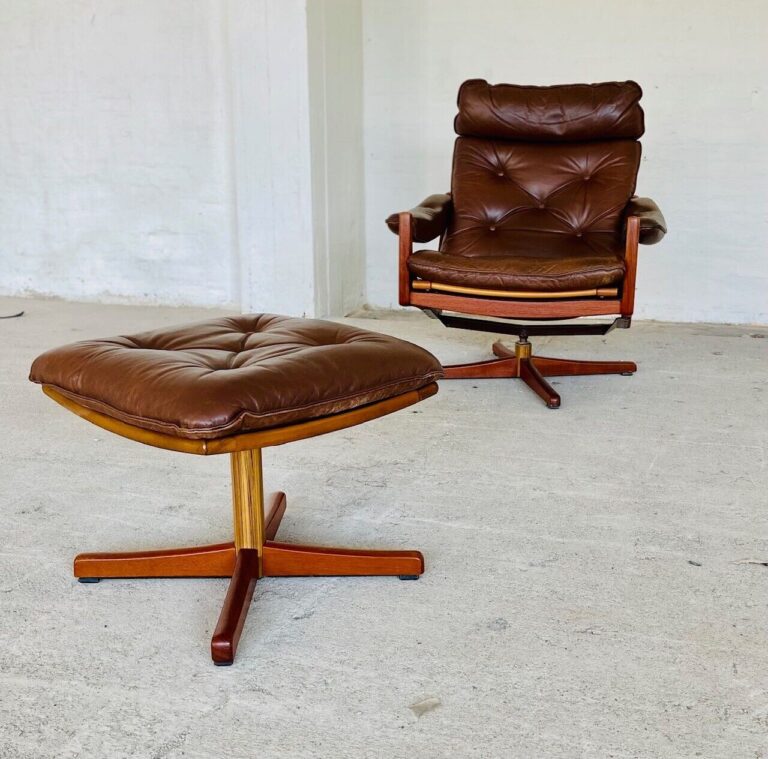 image 1960's Scandinavian Teak / Leather Reclining Armchair & Matching Foot Stool