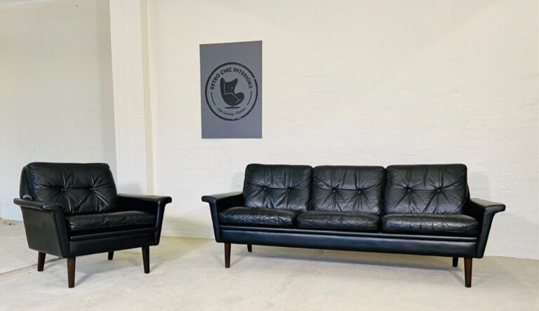 Vintage Danish Mid Century Svend Skipper 3 Person Sofa Set In Black Leather