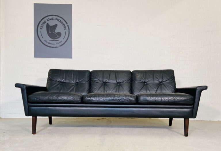 Vintage Danish Mid Century Svend Skipper 3 Person Sofa In Black Leather 1970's