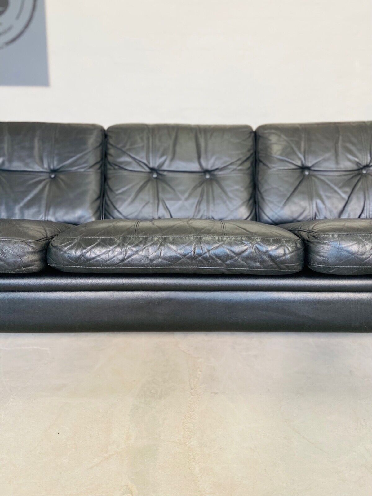 Vintage Danish Mid Century Svend Skipper 3 Person Sofa In Black Leather 1970's