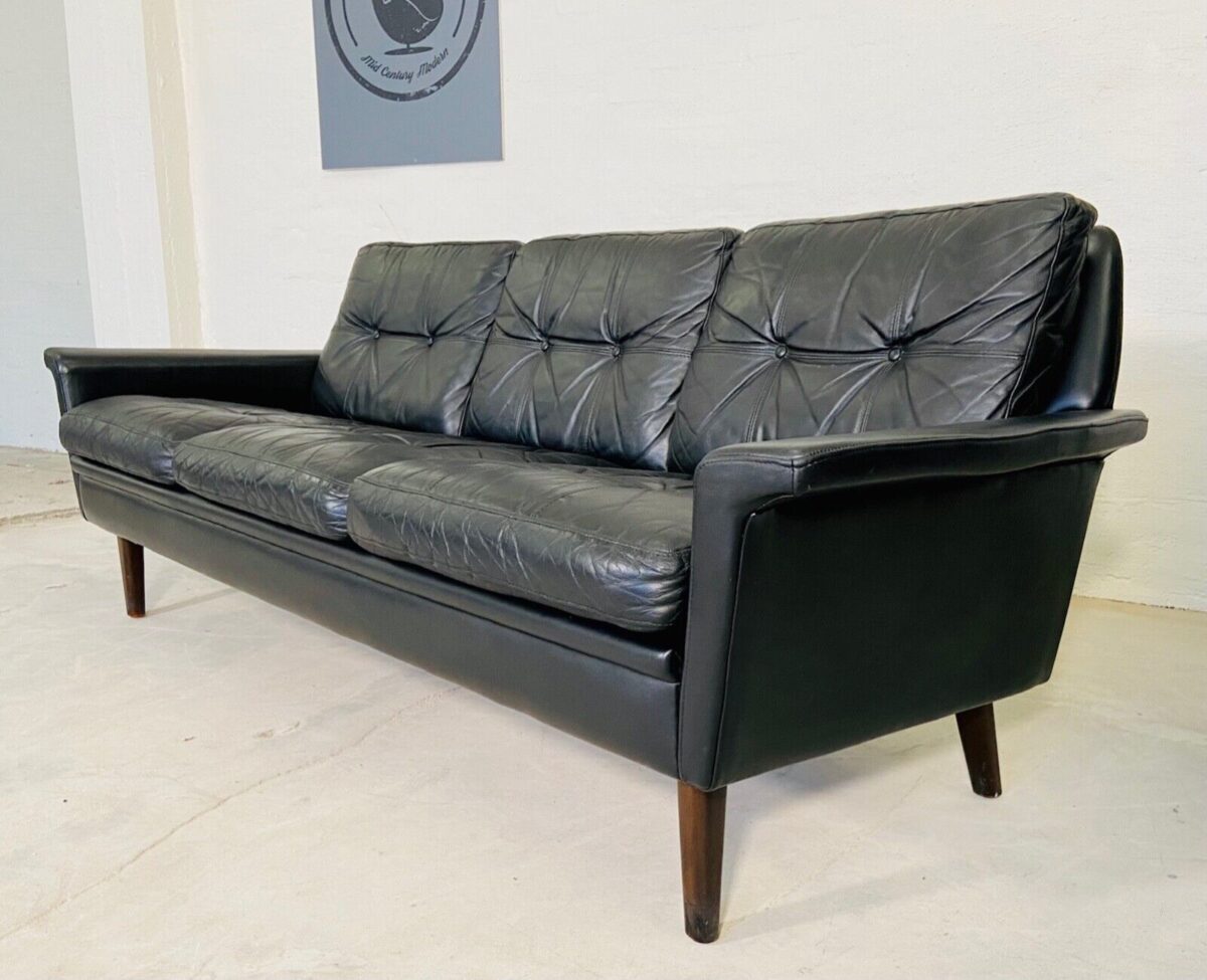 Vintage Danish Mid Century Svend Skipper 3 Person Sofa In Black Leather 1970's
