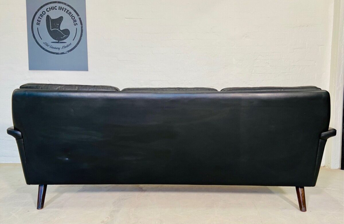 Vintage Danish Mid Century Svend Skipper 3 Person Sofa In Black Leather 1970's