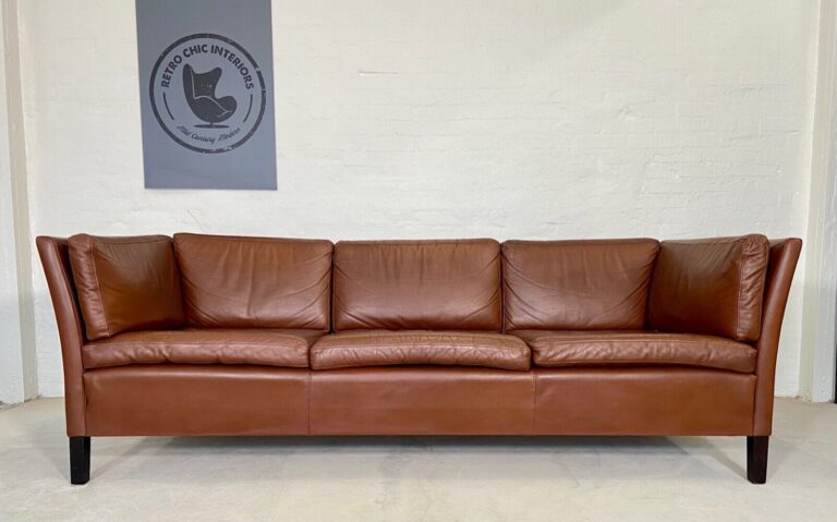 Vintage Danish Mid Century 3 Person Cognac Leather Sofa