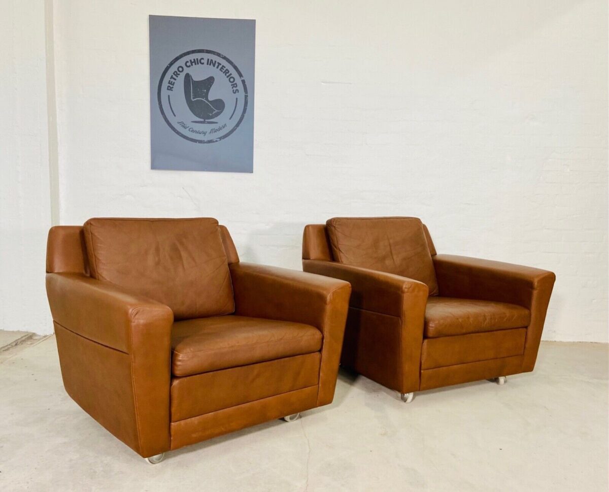 image Vintage Retro Danish Club Chairs In Cognac Leather Circa 1970's