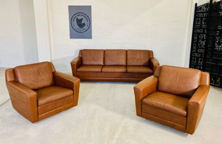 Vintage Danish 5 Person Sofa Set In Cognac Leather 1970's