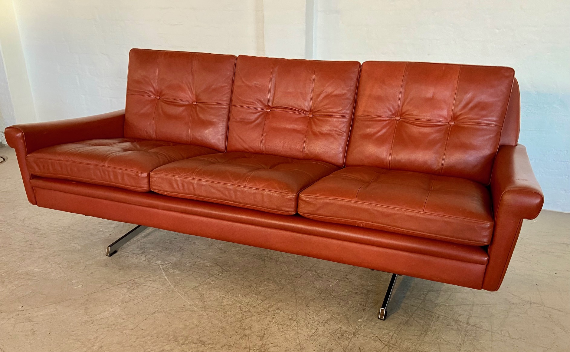 IMG_4960 Vintage Danish Mid Century Svend Skipper 3 Person Sofa In Cognac Leather 1970's