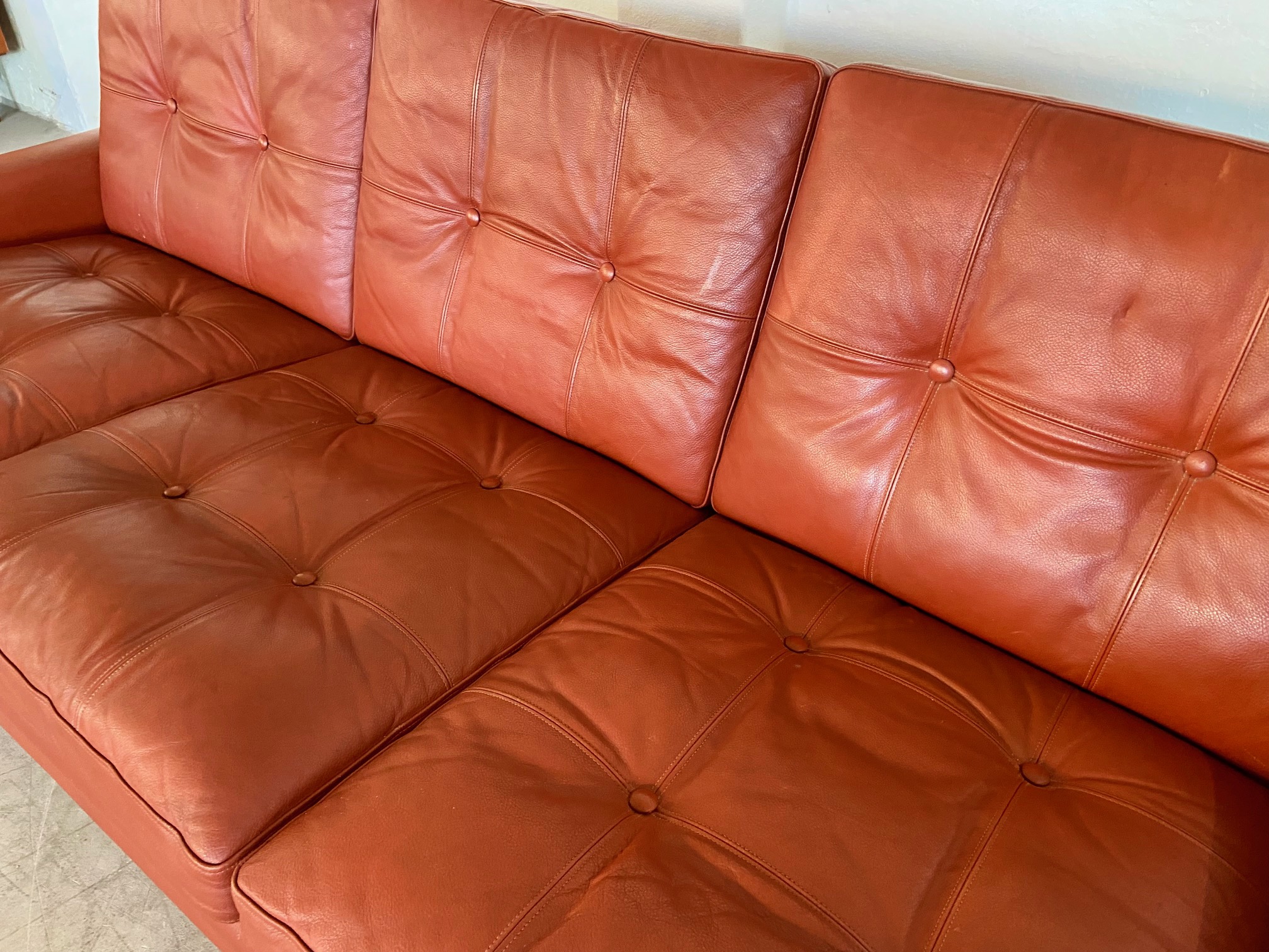 IMG_4962 Vintage Danish Mid Century Svend Skipper 3 Person Sofa In Cognac Leather 1970's