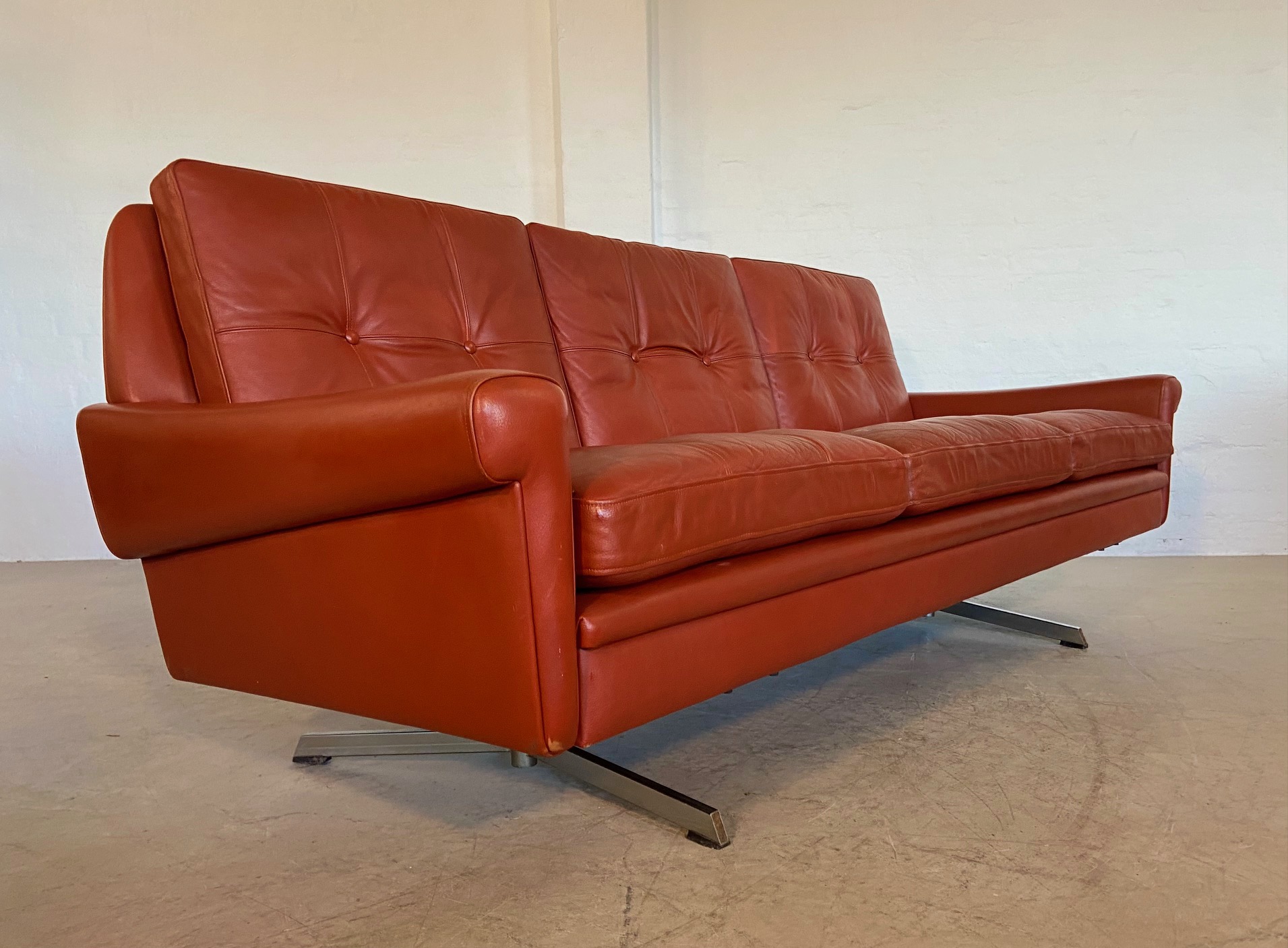 IMG_4976 Vintage Danish Mid Century Svend Skipper 3 Person Sofa In Cognac Leather 1970's