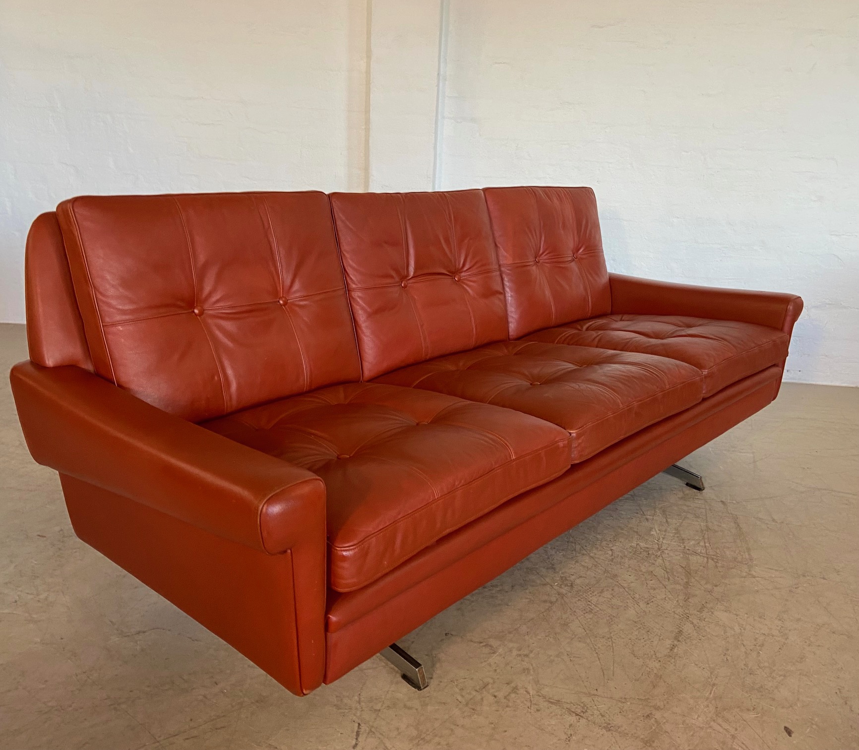 IMG_4977 Vintage Danish Mid Century Svend Skipper 3 Person Sofa In Cognac Leather 1970's