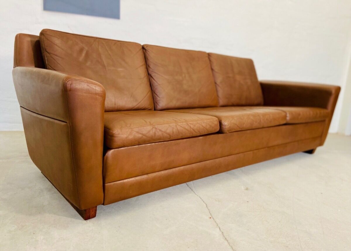 Vintage Danish 3 Person Sofa In Cognac Brown Leather 1970's