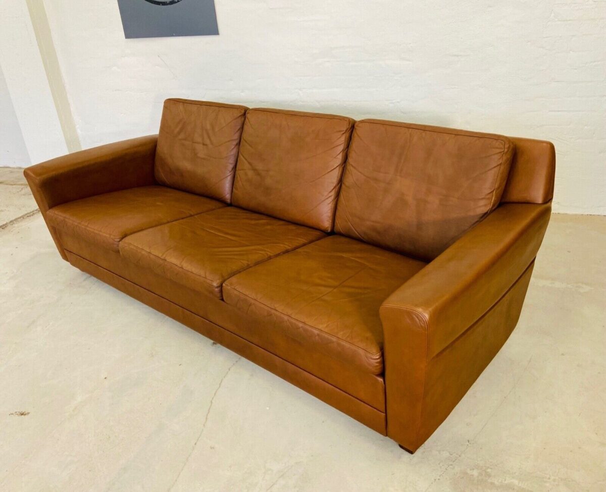Vintage Danish 3 Person Sofa In Cognac Brown Leather 1970's