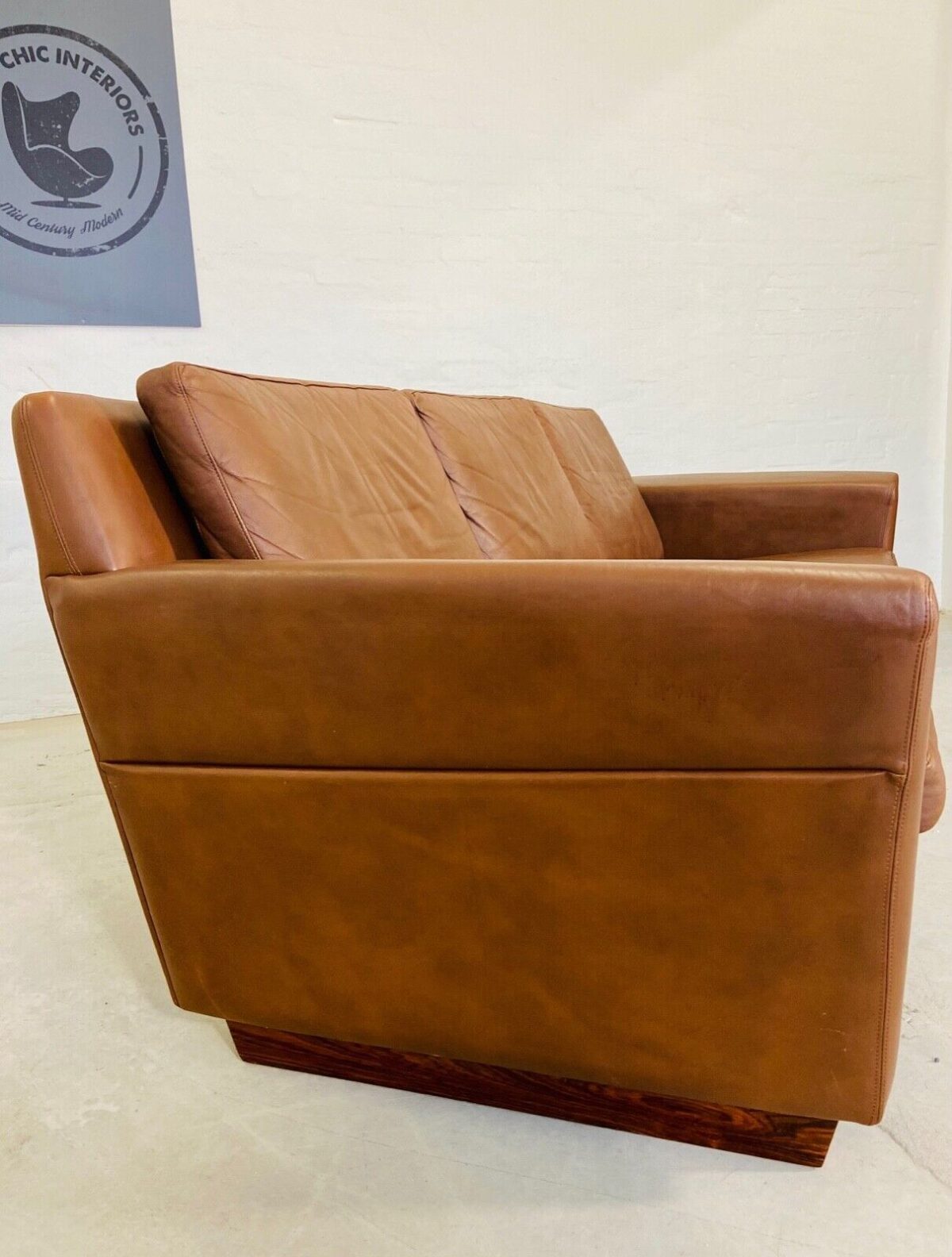 Vintage Danish 3 Person Sofa In Cognac Brown Leather 1970's