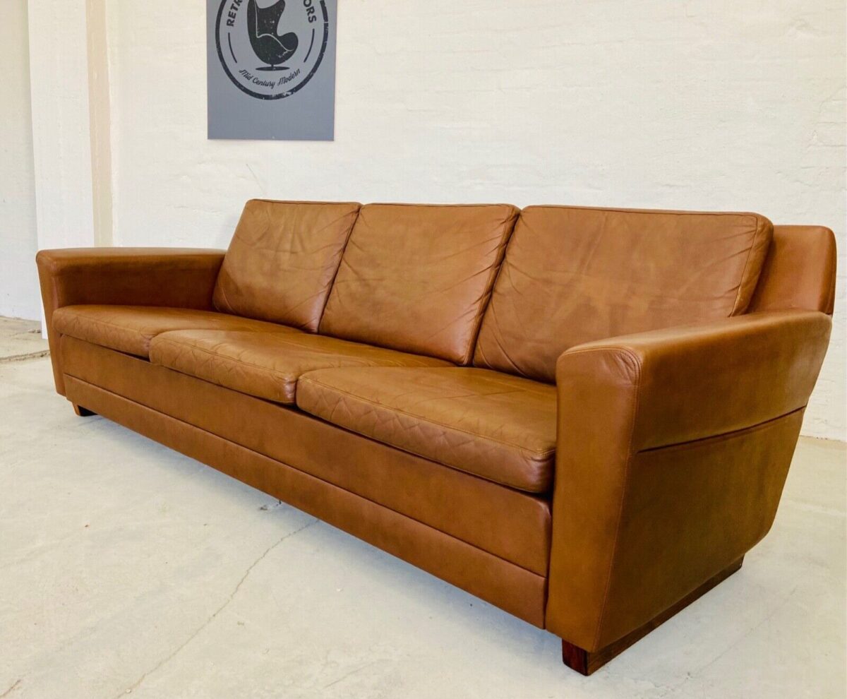 Vintage Danish 3 Person Sofa In Cognac Brown Leather 1970's