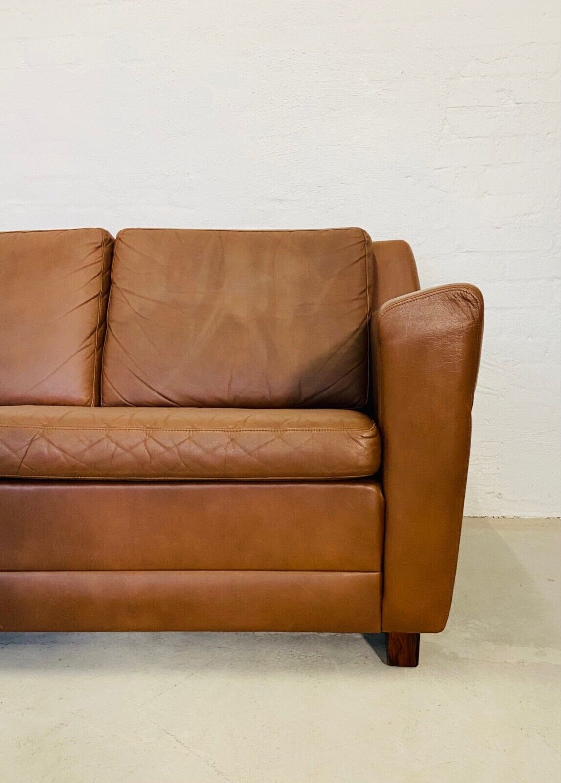 Vintage Danish 3 Person Sofa In Cognac Brown Leather 1970's