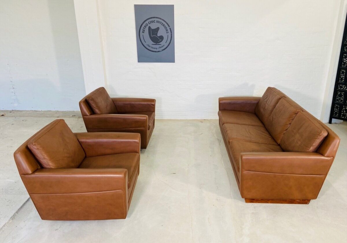 Vintage Danish 3 Person Sofa In Cognac Brown Leather 1970's